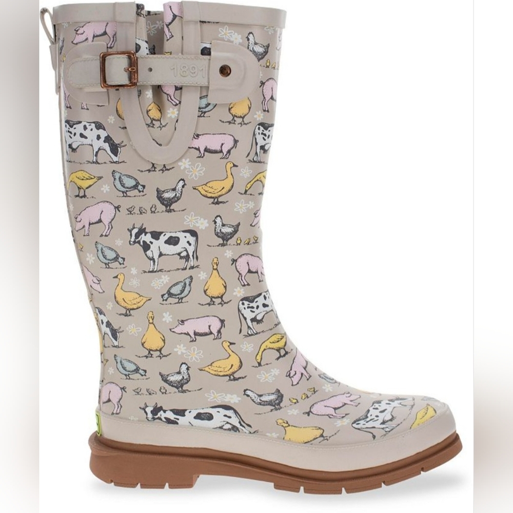 NWT Western Chief Rainboot Women's 10 Farmhouse Tall Taupe Buckle Animals Pig